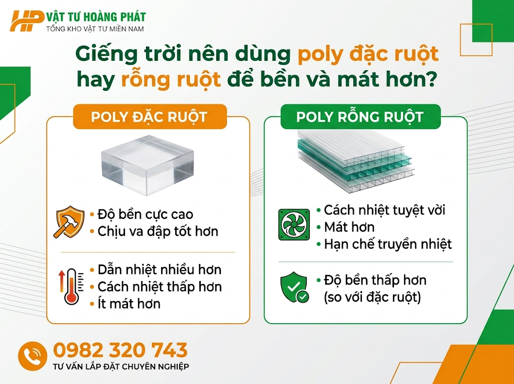 Giếng trời nên dùng poly đặc ruột hay rỗng ruột 