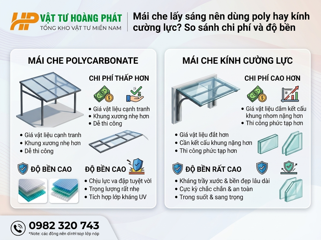 Mái che lấy sáng nên dùng poly hay kính cường lực