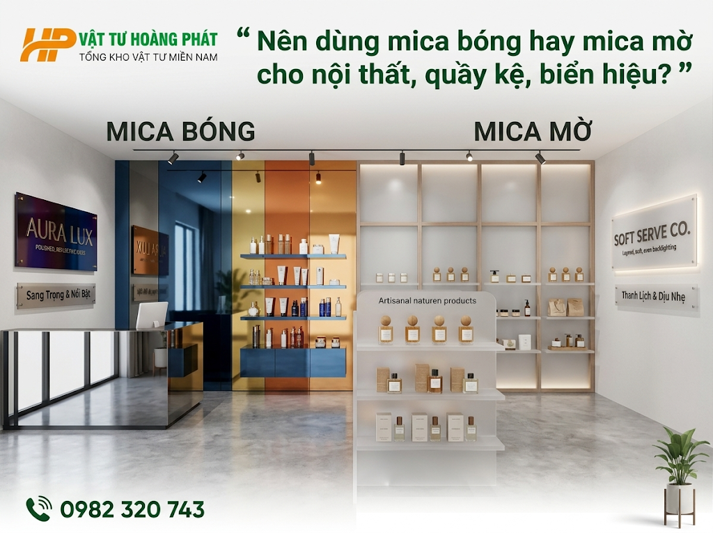 Nên dùng mica bóng hay mica mờ cho nội thất, quầy kệ, biển hiệu