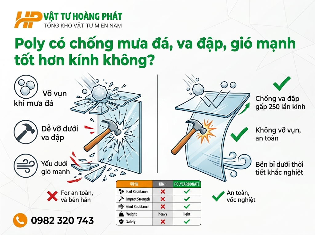 Poly có chống mưa đá, va đập, gió mạnh tốt hơn kính không?