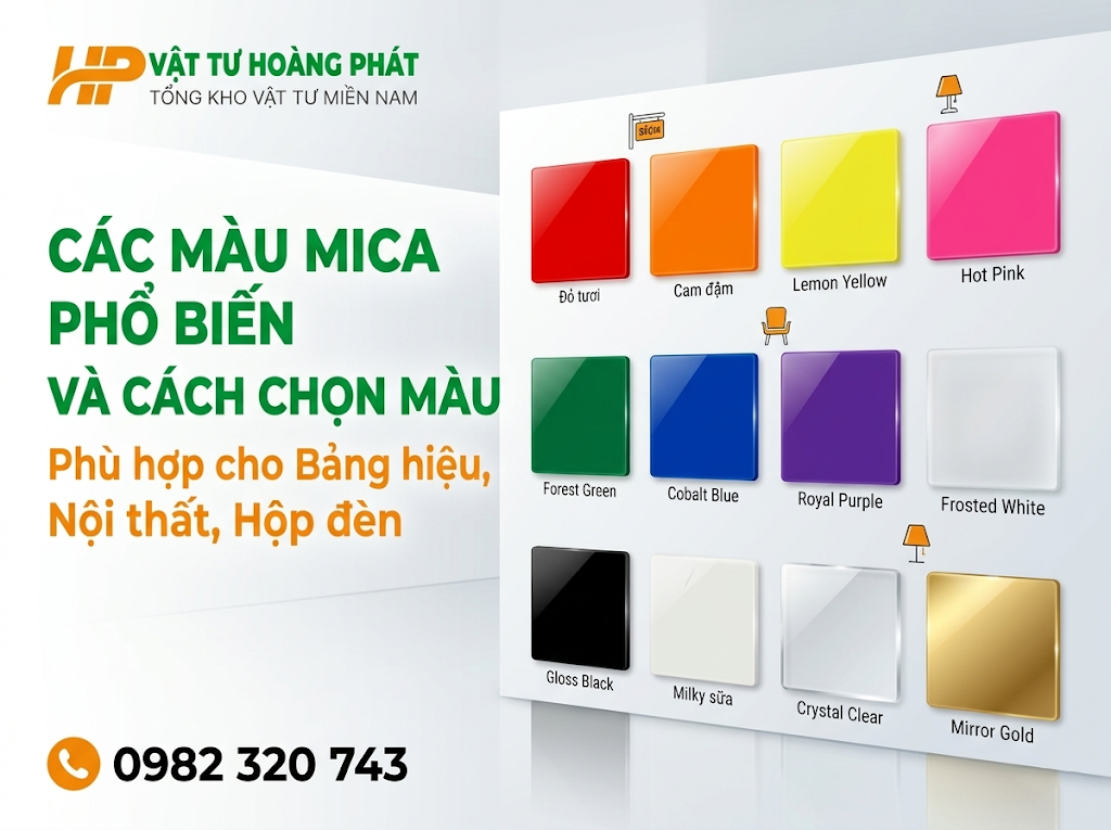 Các màu mica phổ biến và cách chọn màu phù hợp cho bảng hiệu, nội thất, hộp đèn