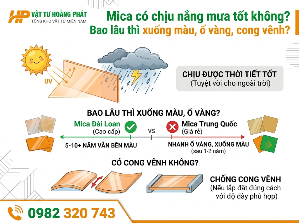Mica có chịu nắng mưa tốt không? Bao lâu thì xuống màu, ố vàng, cong vênh?