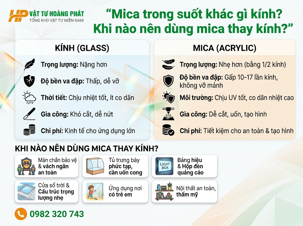 Mica trong suốt khác gì kính? Khi nào nên dùng mica thay kính?