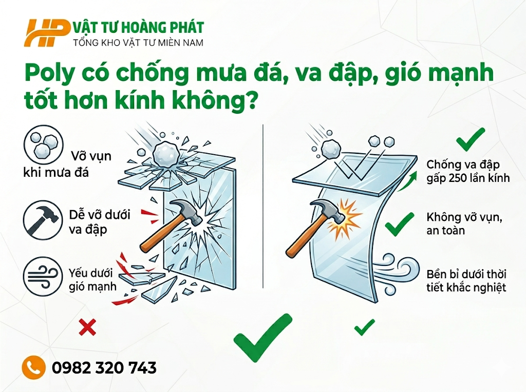 Poly có chống mưa đá, va đập, gió mạnh tốt hơn kính không?