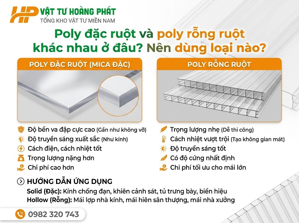 Poly đặc ruột và poly rỗng ruột khác nhau ở đâu? Nên dùng loại nào?